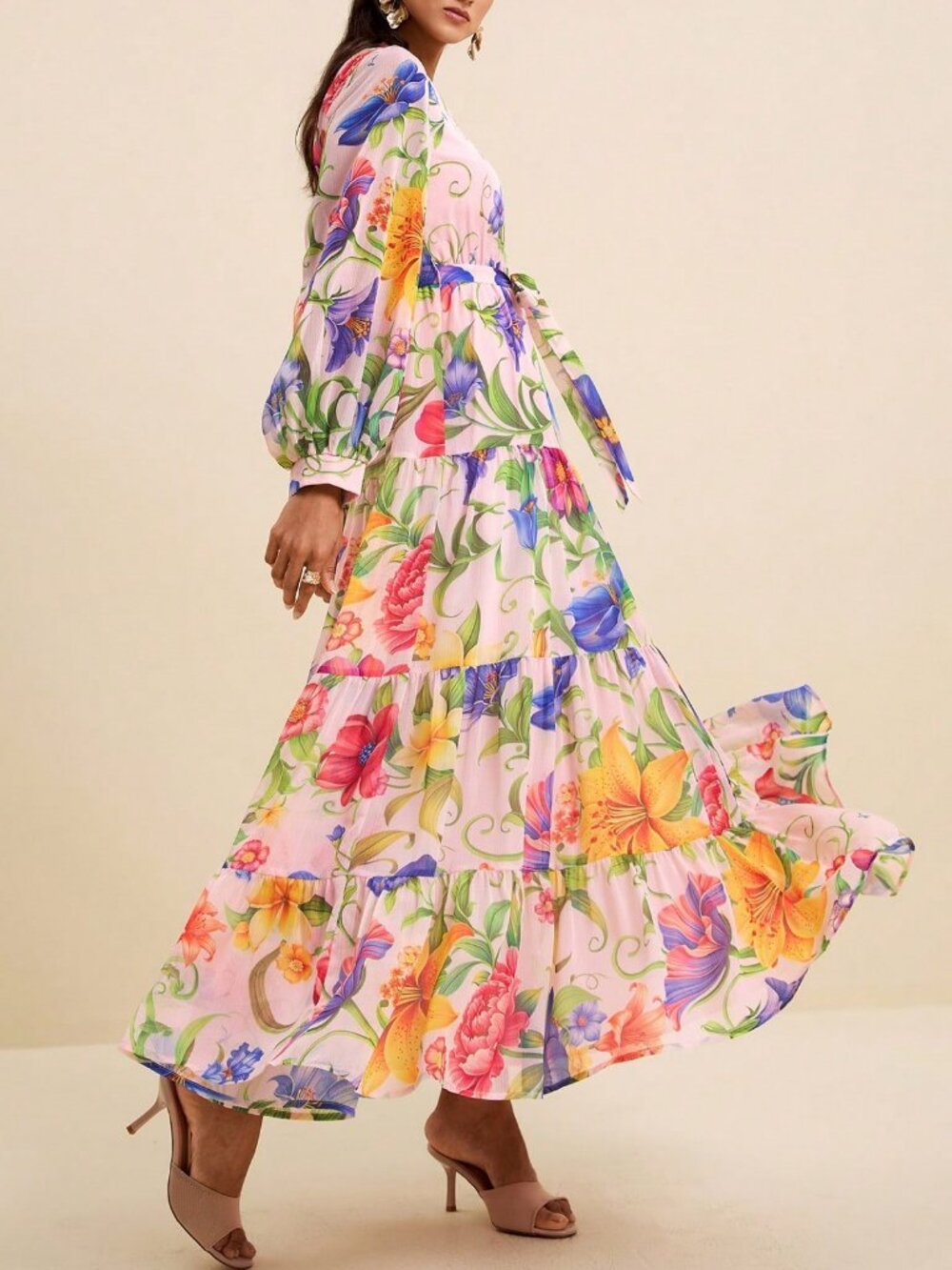Multicolor Boho Women's V-Neck Long Sleeve Cinched Waist Tropical Floral Dress - Picture 6 of 8
